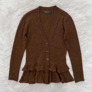 Peruvian Connection Brown Baby Alpaca Wool Button Front Ruffle Cardigan Sweater